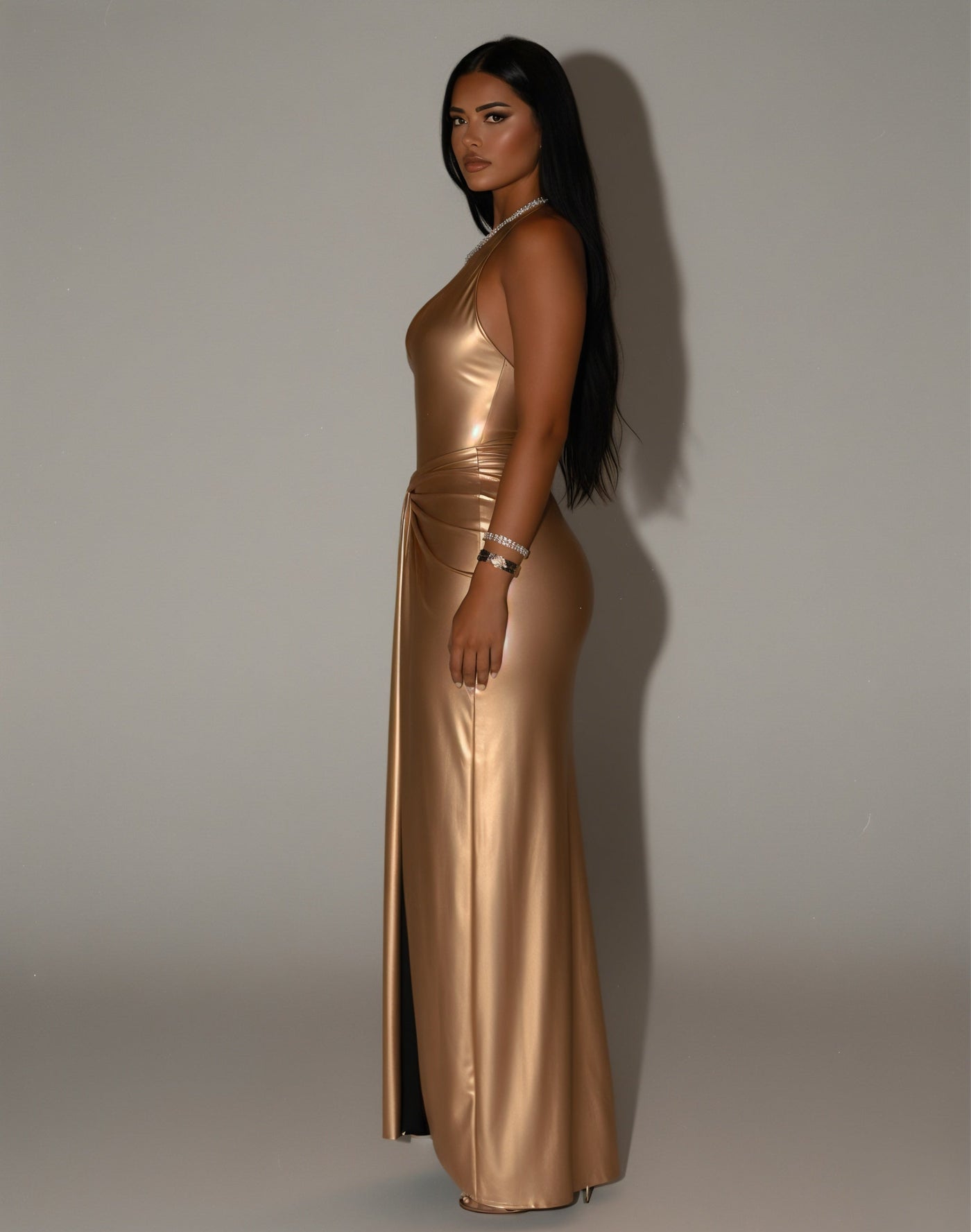 ARAYA Metallic Ruched High-Slit Maxi Dress
