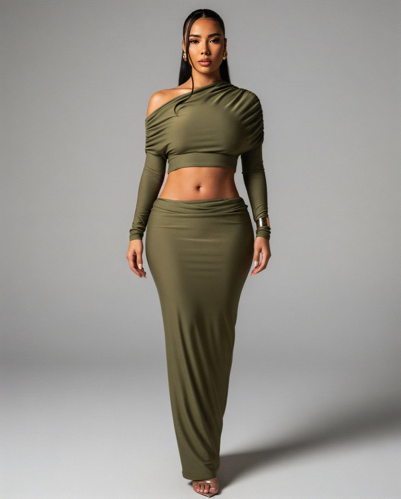 LUCINA Sleeve Oblique Top & Maxi Skirt Set