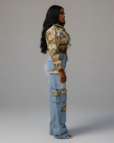 SHENA Floral Cropped Jacket & Cargo Jean Set