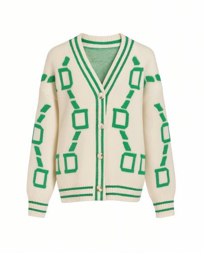 ALYA Geometric Jacquard Button-Up Knit Cardigan