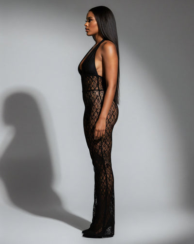 LORRAINE Sheer Lace Halter Jumpsuit