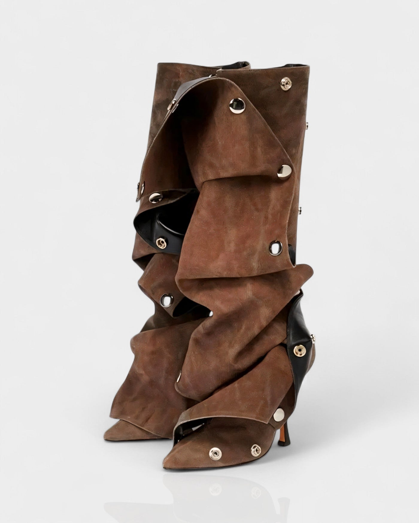 KIVARA Stiletto Heel Fold-Over Rivet Knee-High Boots