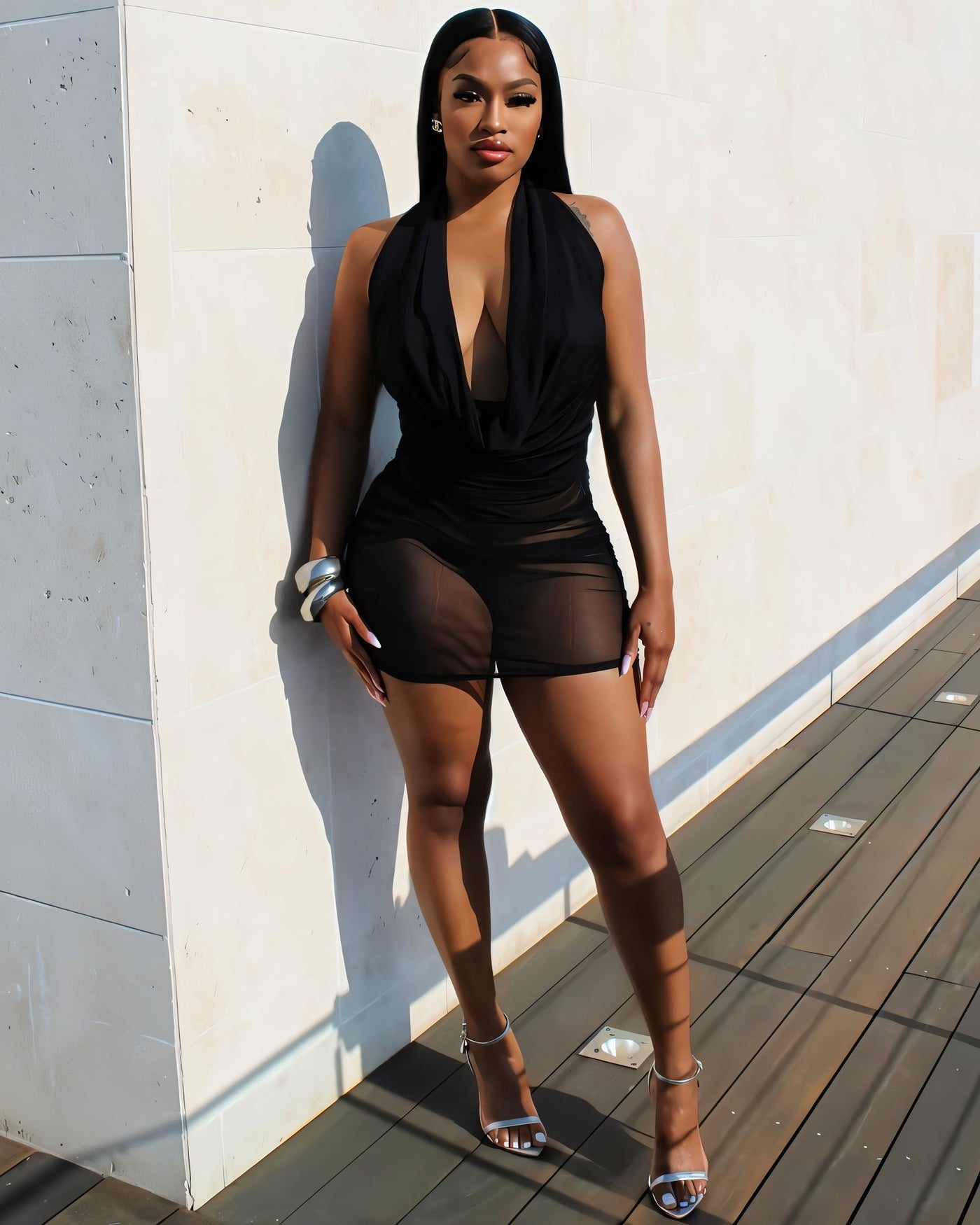 PERTINE Cowl Neck Mesh Mini Dress