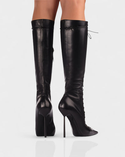 ESCAS Lace-Up Mesh Knee-High Stiletto Boots