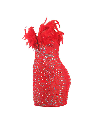 KAYALI Pearl & Rhinestone Embellished Feather Mini Dress