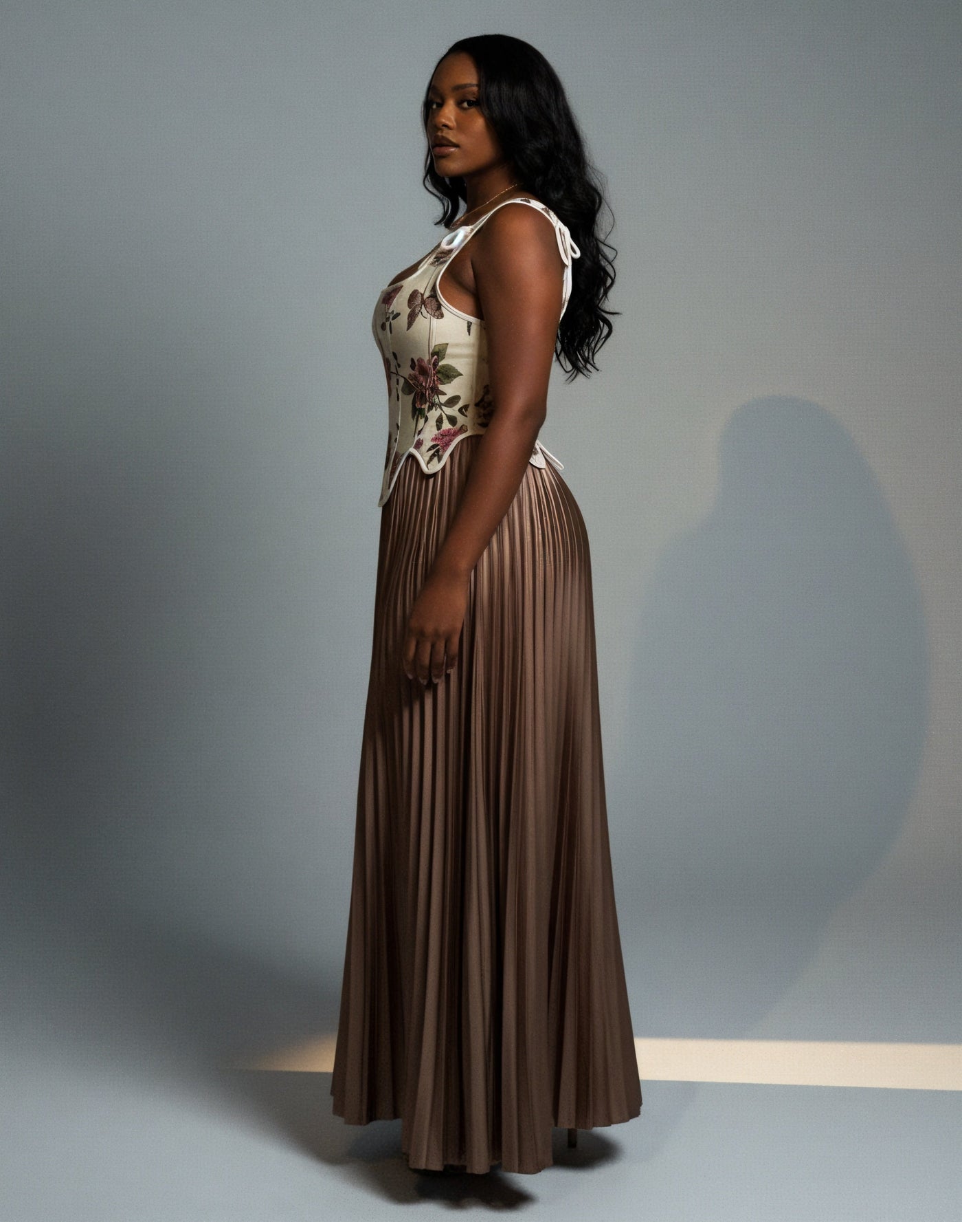 MASINA Floral Print Corset & Pleated Maxi Skirt Set