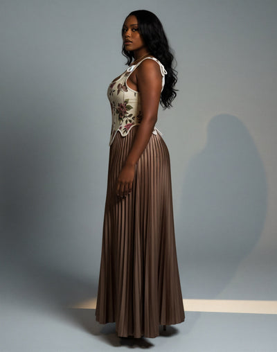 MASINA Floral Print Corset & Pleated Maxi Skirt Set