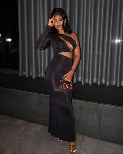 GIANNA Hollow Belly One-shoulder Sleeve Maxi Dress