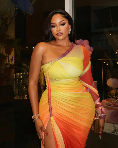 LUMEA One-Shoulder Mesh Drape Maxi Dress