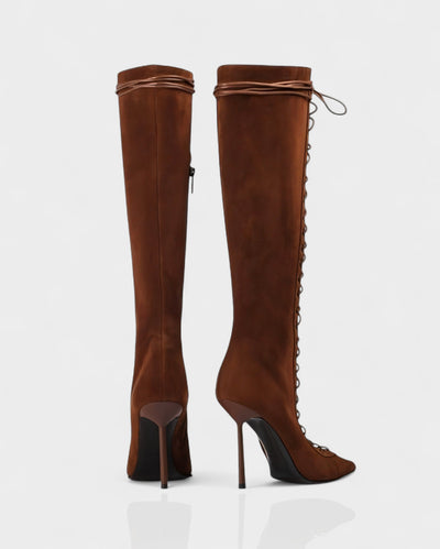 ESCAS Lace-Up Mesh Knee-High Stiletto Boots