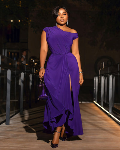 MIREN One-Shoulder Draped High Slit Maxi Dress
