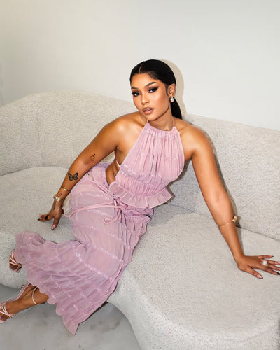 CHRISTINE Sheer Ruched Halter Top and Maxi Skirt Set