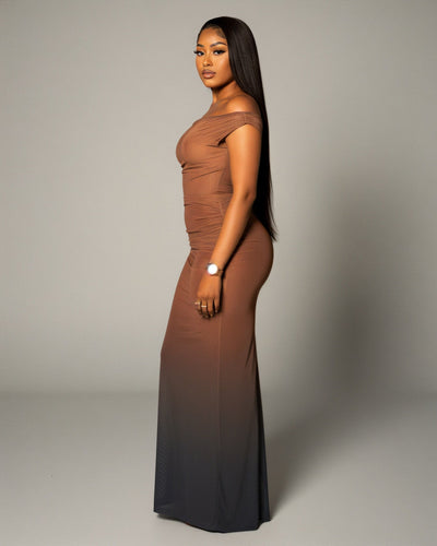 DELMA Mesh Ruched Off-Shoulder Maxi Dress