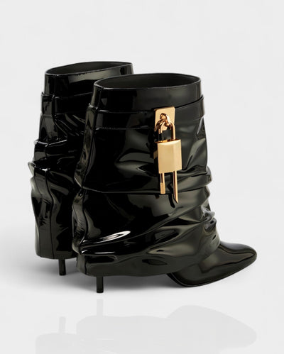 HALINA Padlock Slouch Stiletto Ankle Boots