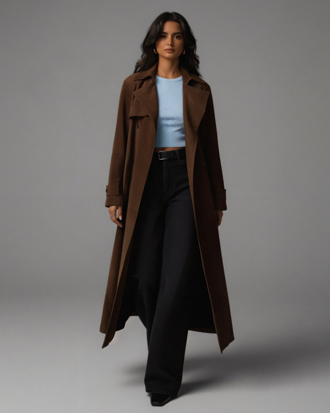 AIZA Faux Suede Belted Trench Coat