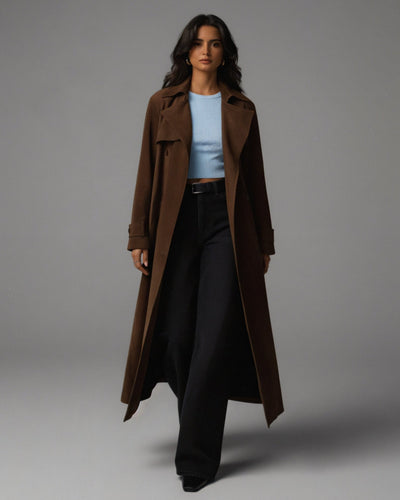 AIZA Faux Suede Belted Trench Coat