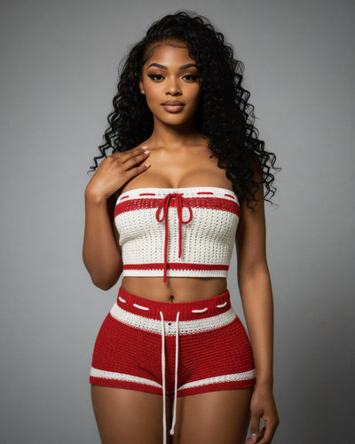 BELLE Striped Crochet Knit Top & Short Set