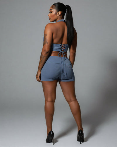 ZEIRA Ribbed Halter Crop Top & High-Waisted Shorts Set