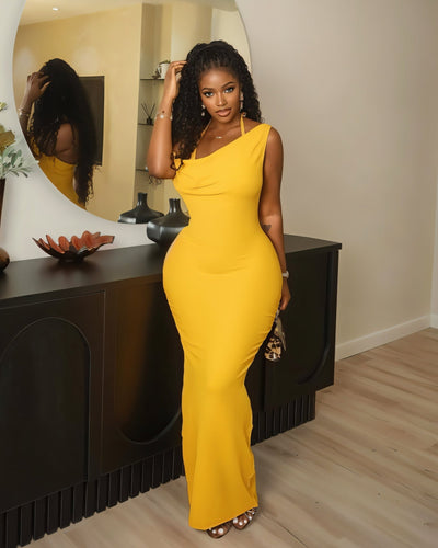 LIESSE One-Shoulder Halter-Back Maxi Dress