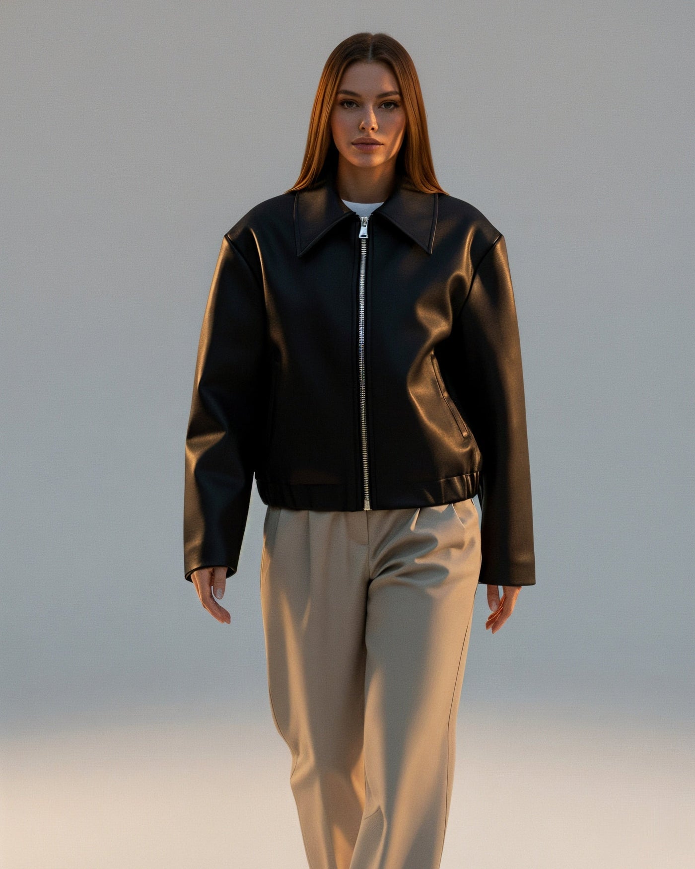 HANELLE Oversized Faux Leather Zip Jacket