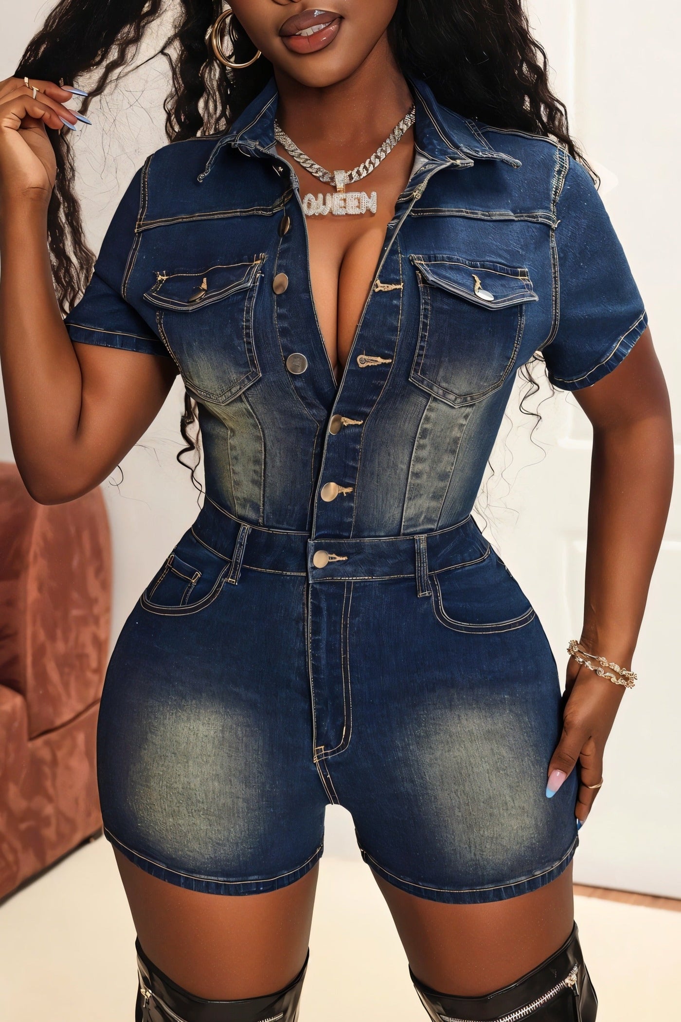 FRANCE Collared Button-Up Denim Jumpsuit