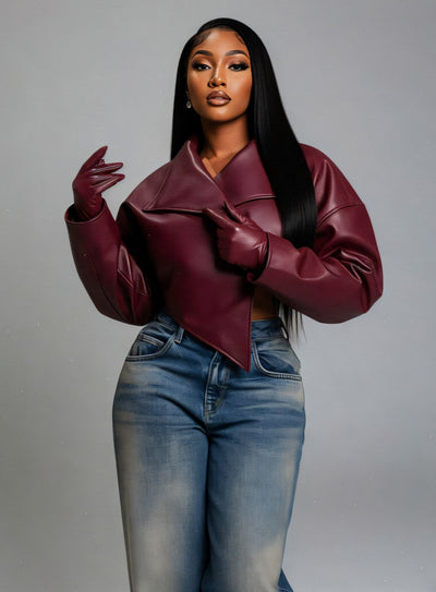 NIVIA Deep V Lapel Cropped Faux Leather Jacket