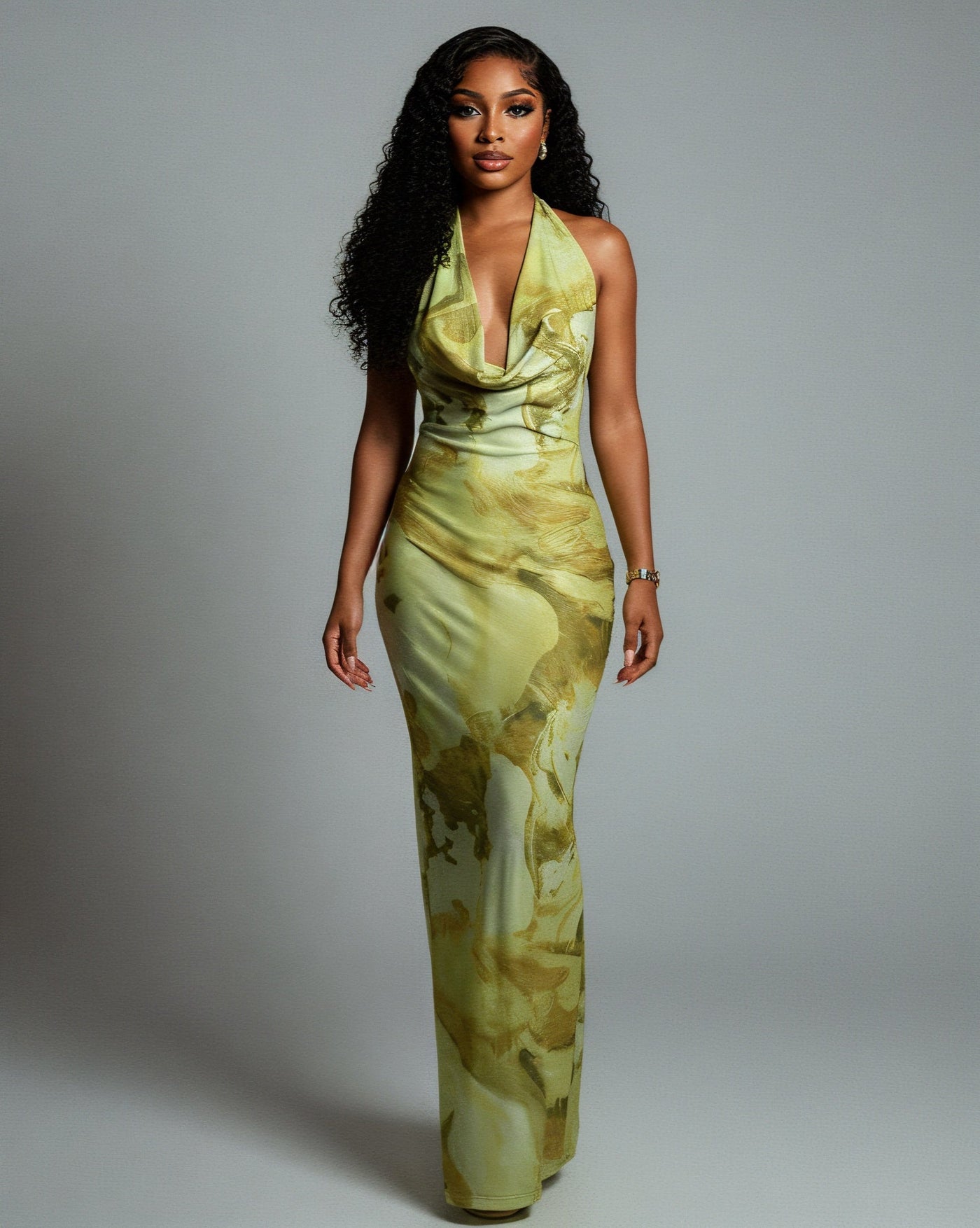 NUVIA Abstract Print Halter Maxi Dress