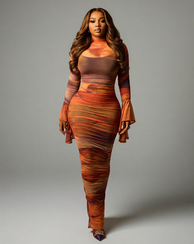 TAZARA Gradient Mesh Long Sleeves Maxi Dress