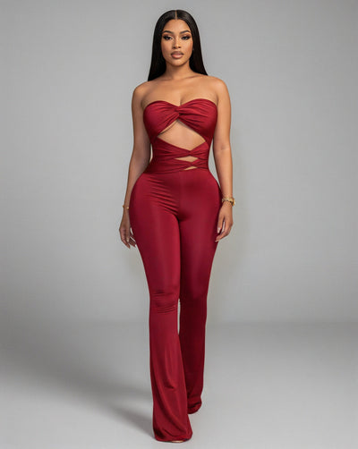 ZANIYA Strapless Twist-Front Flare Jumpsuit
