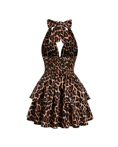 PEACHY Leopard Halter Ruffle Mini Dress