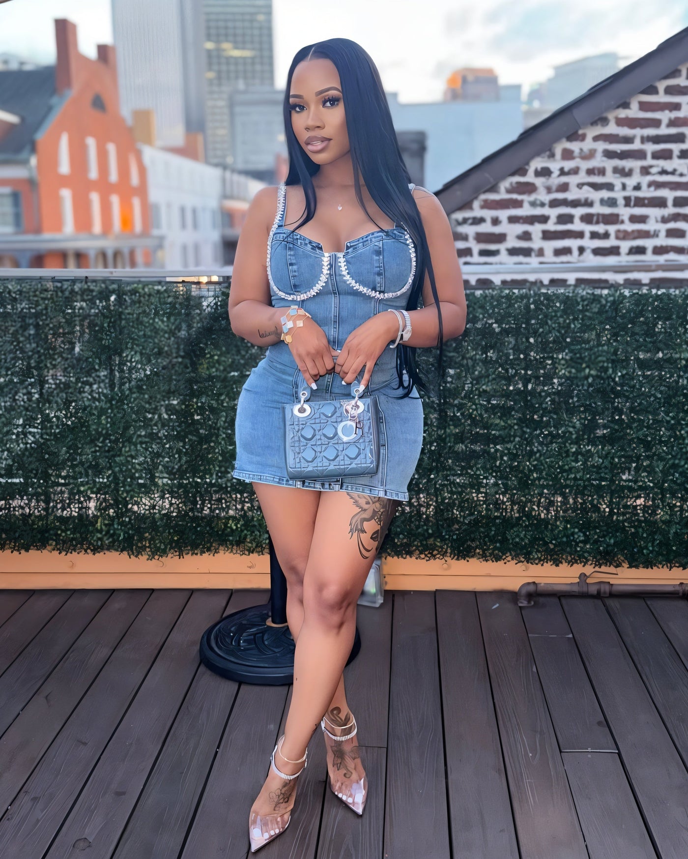 COSETTE Embellished Trim Denim Bodycon Mini Dress