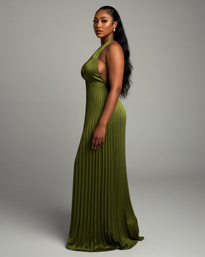 ADRIANA V-Neck Backless Pleated Maxi Dress