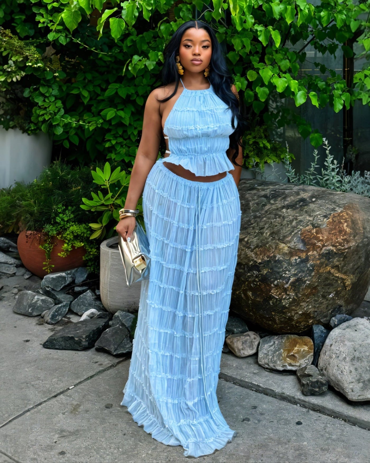 CHRISTINE Sheer Ruched Halter Top and Maxi Skirt Set