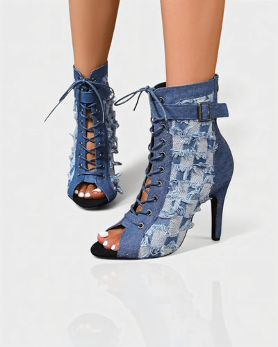 REIKO Buckled Ankle Strap Lace-Up Denim Boots