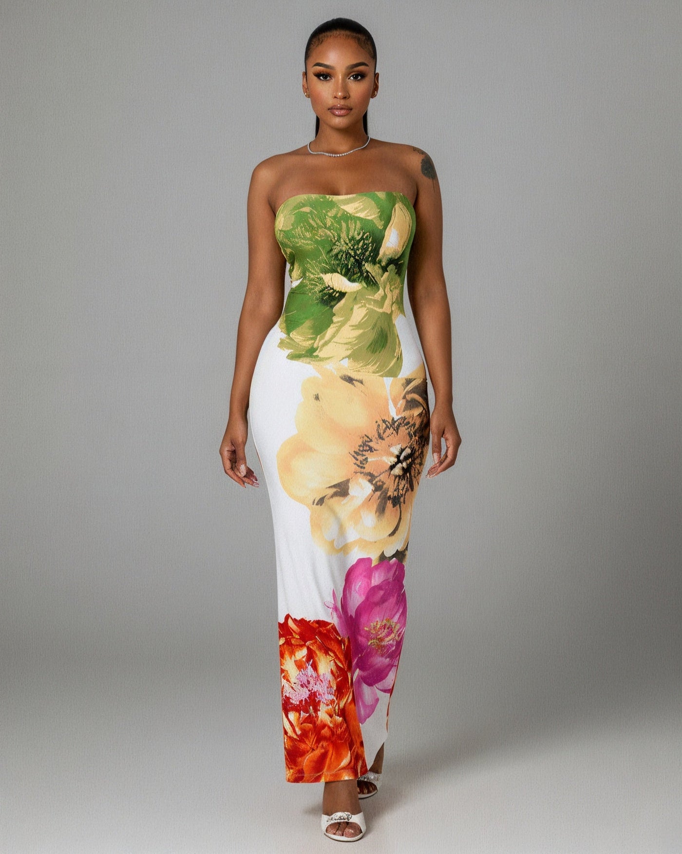 LYCA Floral Print Strapless Maxi Dress