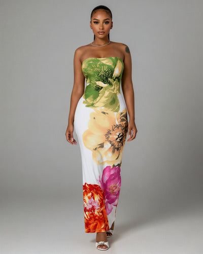 LYCA Floral Print Strapless Maxi Dress