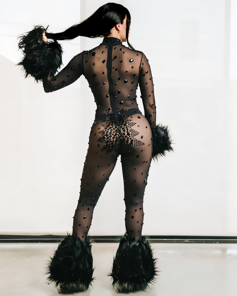 CHARICE Rhinestone & Faux Fur Trim Jumpsuit