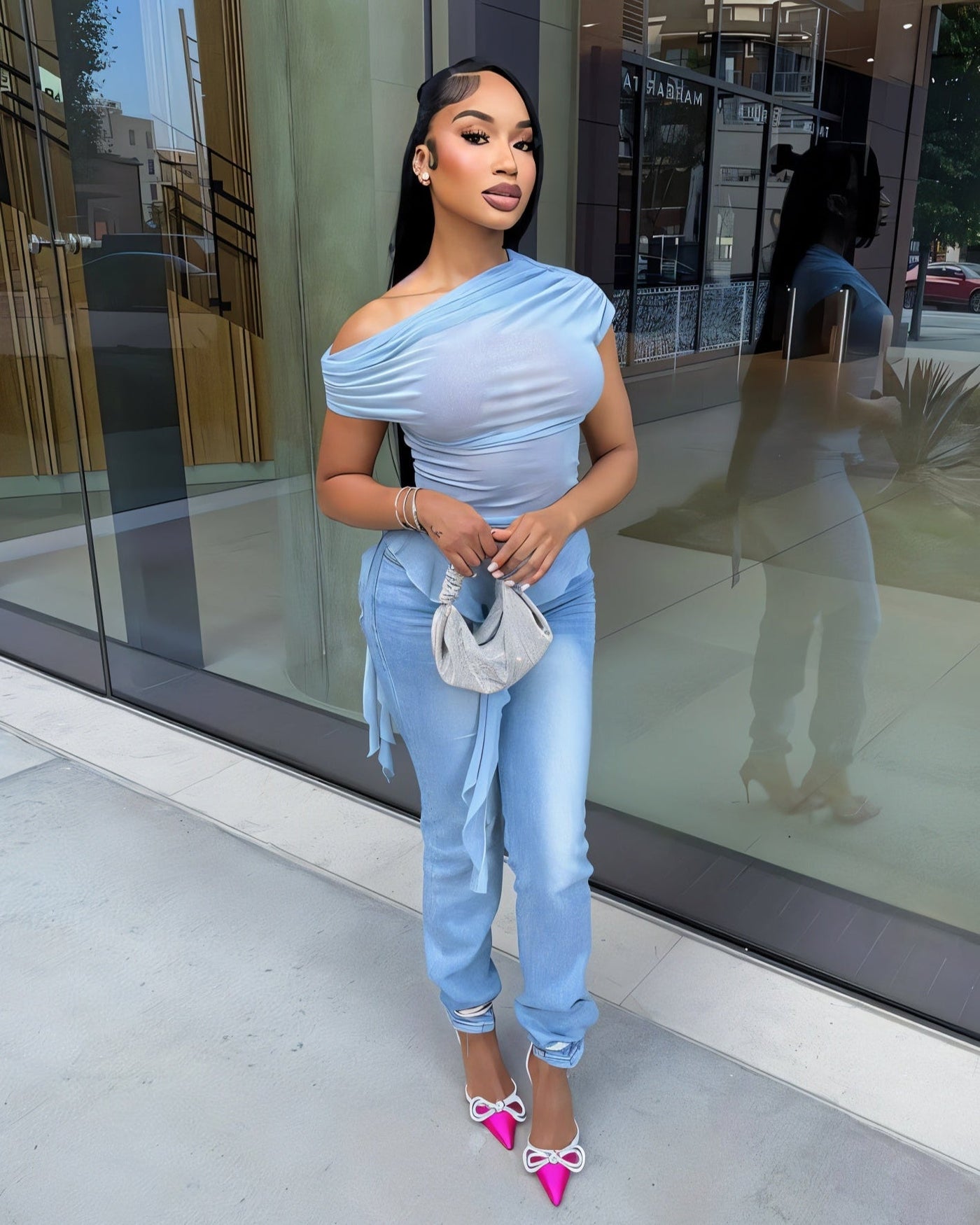 FIORELLA One-Shoulder Asymmetrical Ruffled Mesh Top