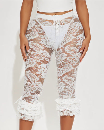 AVALYN Floral Lace Ruffle Ankle Capri Pants