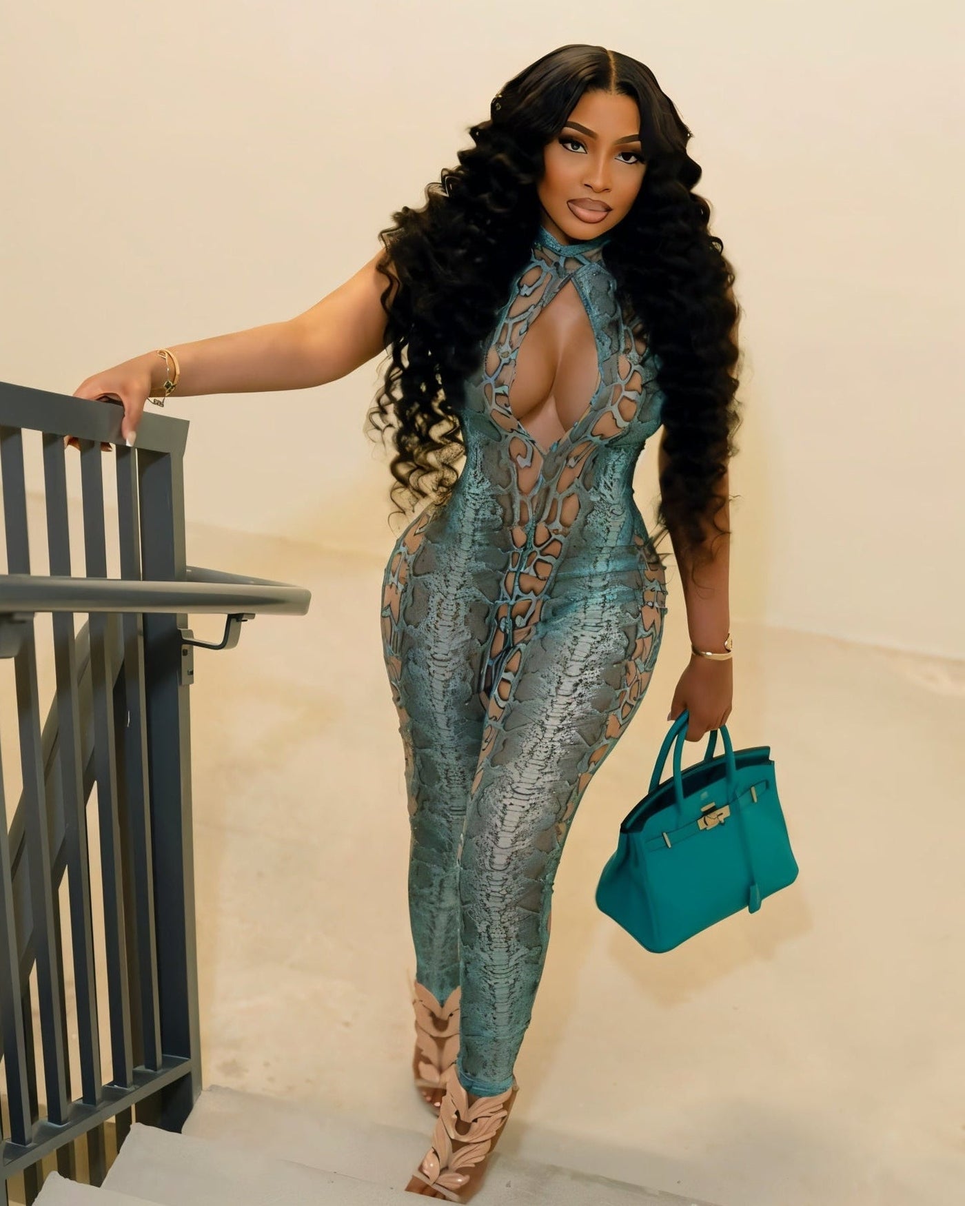 KENZIE Snakeskin Cut-Out Jumpsuit