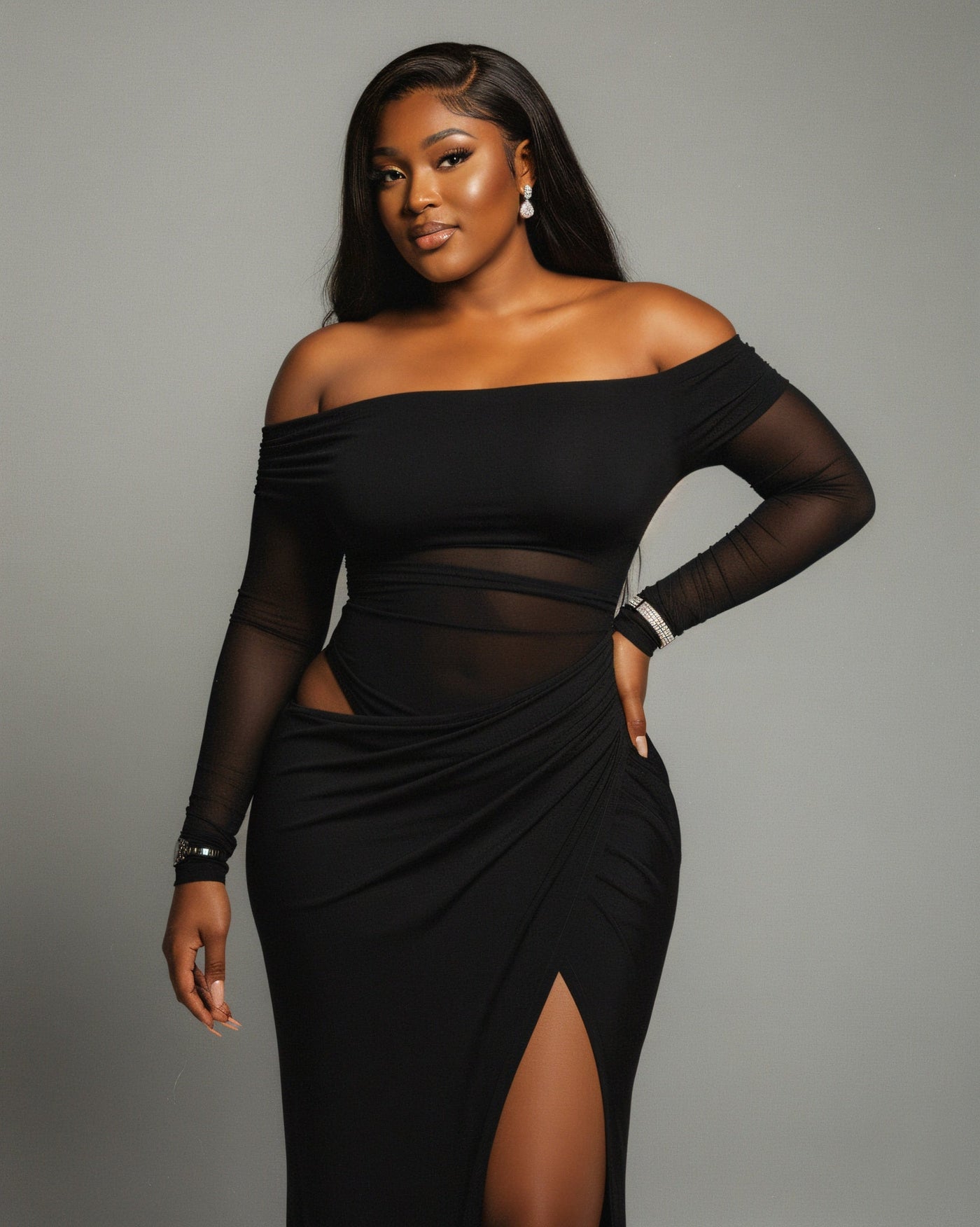 SHAINA Mesh Contrast Draped Maxi Dress