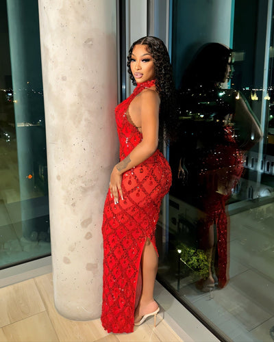 HOPE High Neck Tear Drop Rhinestone Maxi Dress