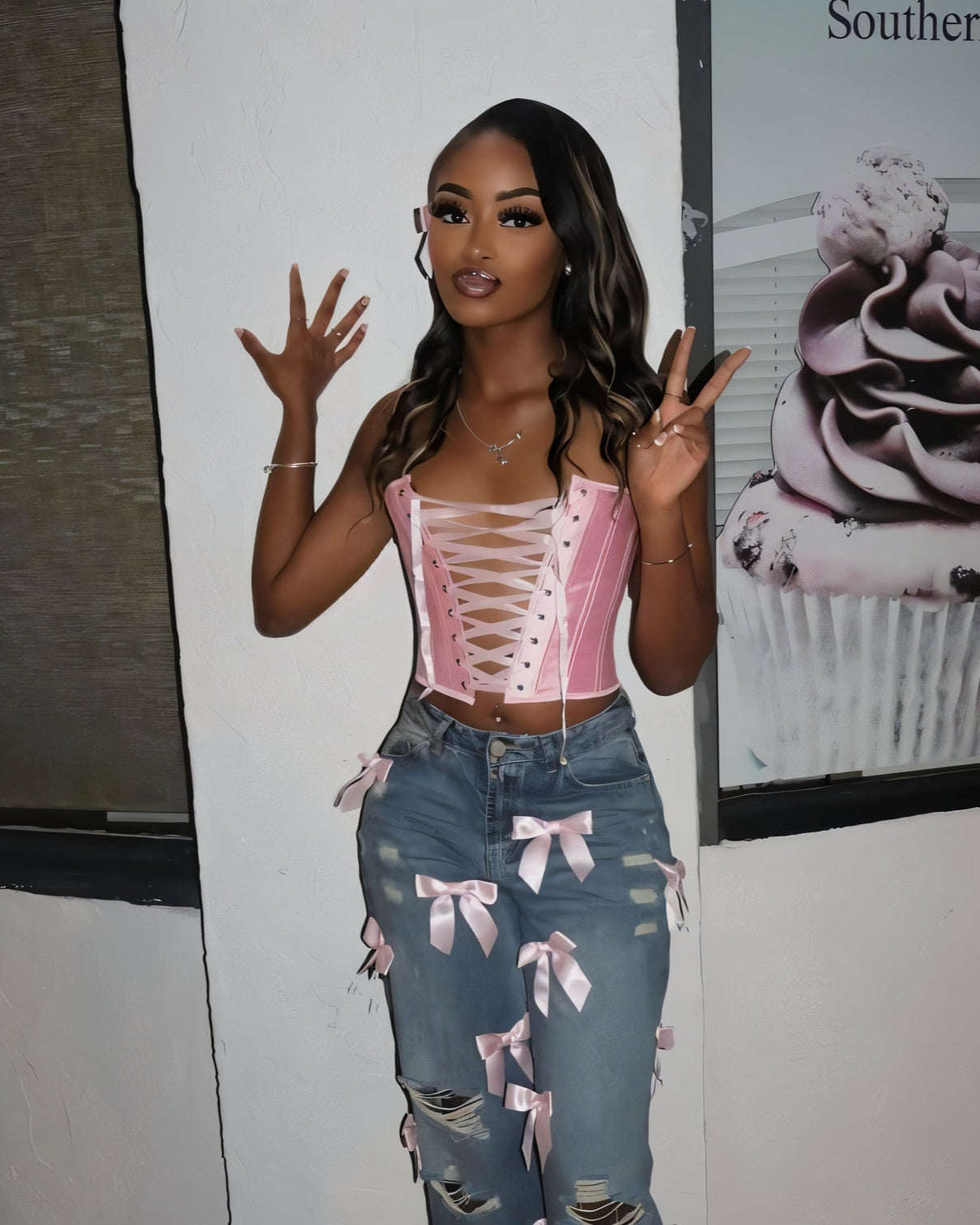 FIONA Ribbon Washed Ripped Denim Jeans