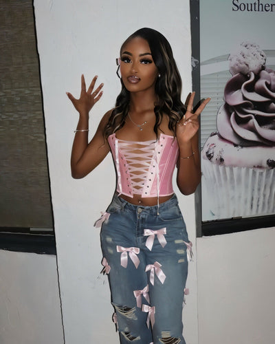 FIONA Ribbon Washed Ripped Denim Jeans