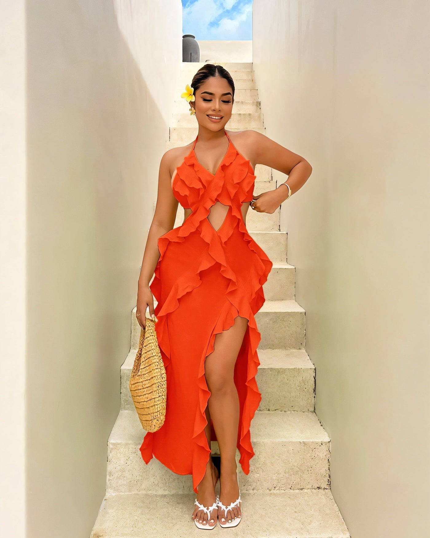 CAMRYN Halter Neck Cutout Ruffle Maxi Dress