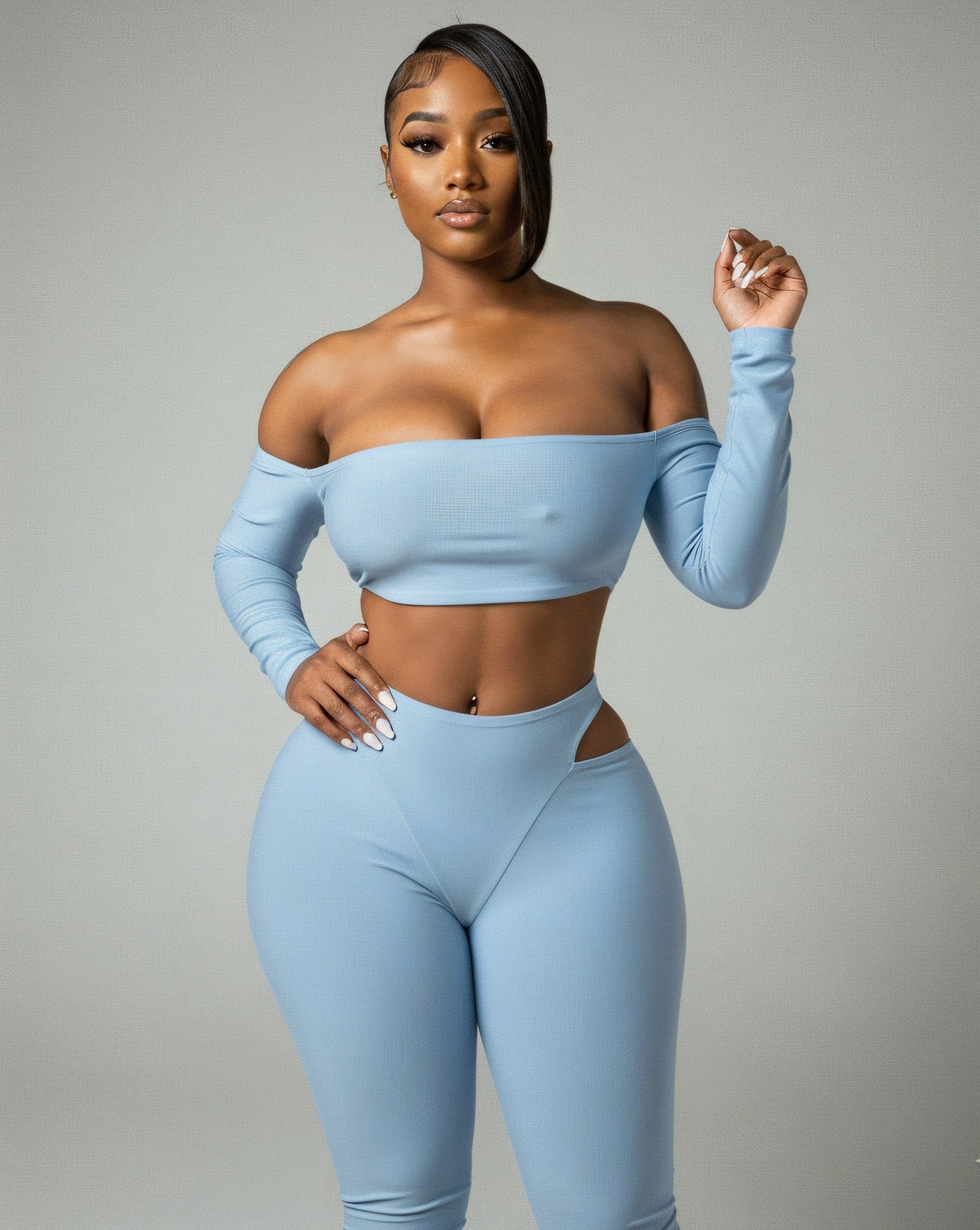 ELOWEN Off-shoulder Long Sleeve Top & Cutout Pants Set