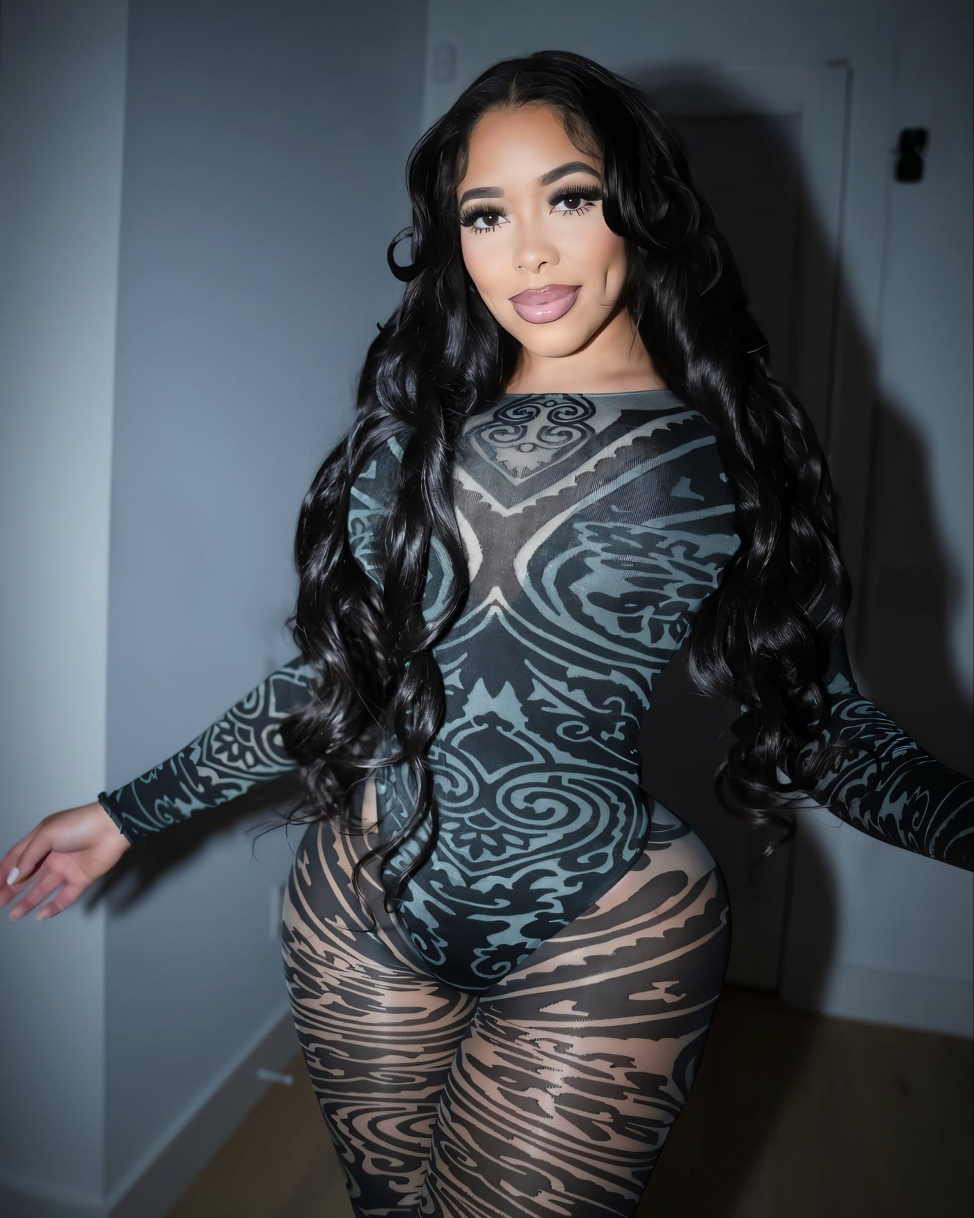 CELESTINE Abstract Print Mesh Bodysuit & Sheer Leggings Set