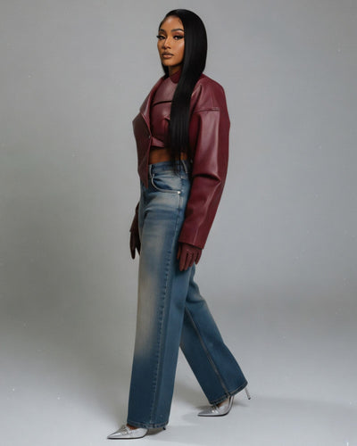 NIVIA Deep V Lapel Cropped Faux Leather Jacket