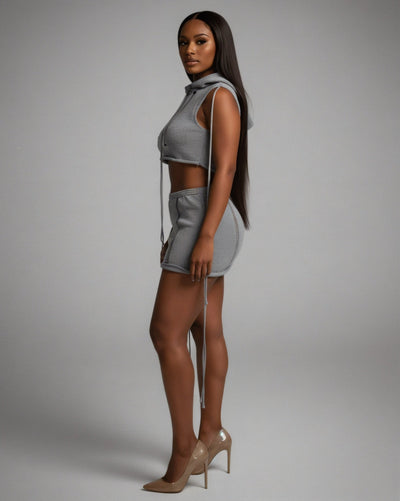 YESSA Knit Hooded Crop Top & Lace-Up Mini Skirt Set