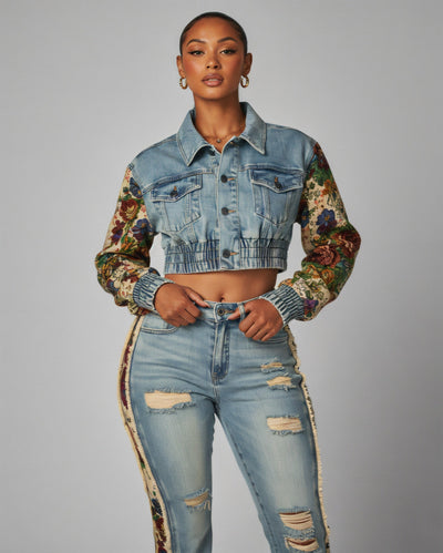 SHAY Denim Tapestry Cropped Jacket & Pant Set